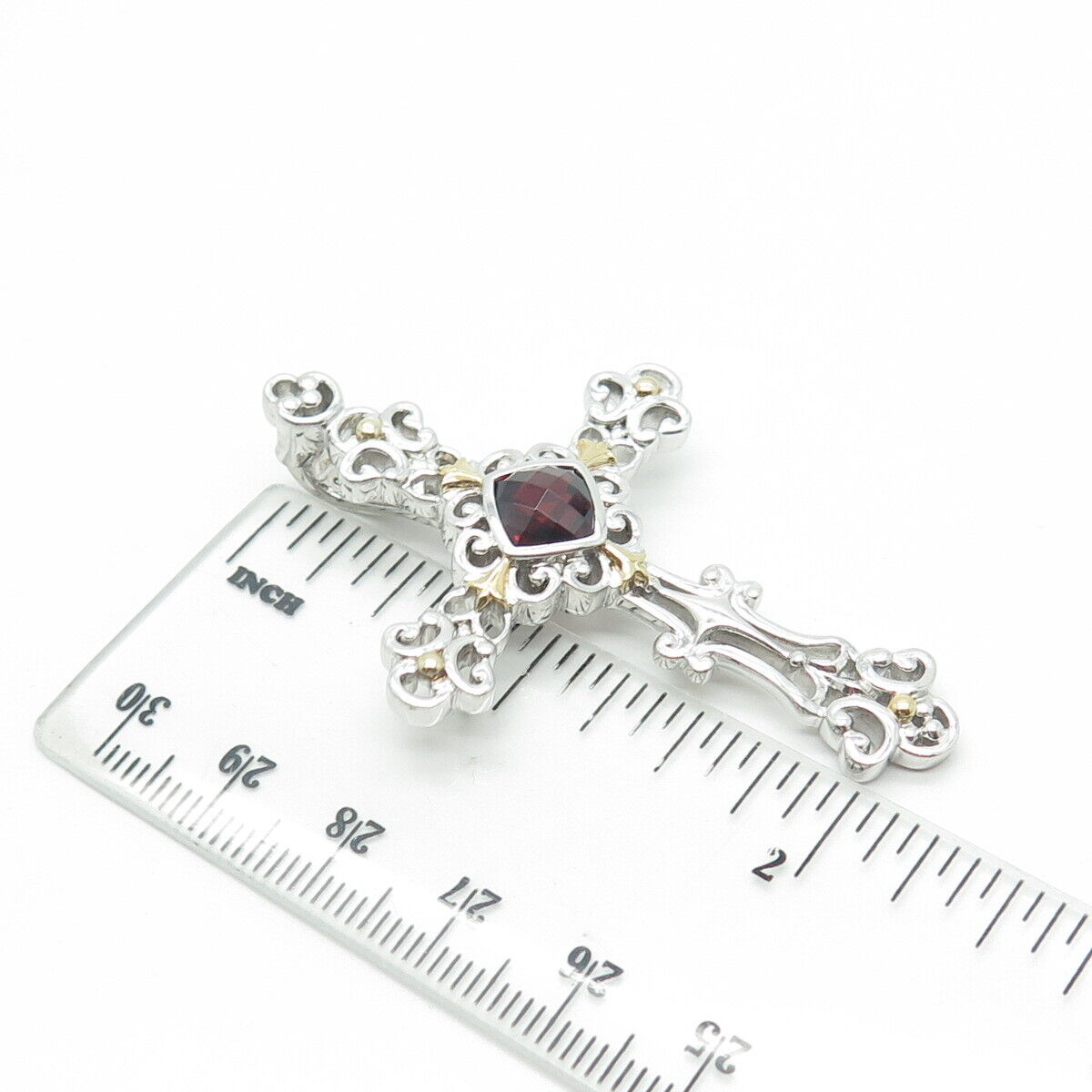 925 Sterling Silver 2-Tone Real Red Garnet Gem Cross Swirl Religious Pendant