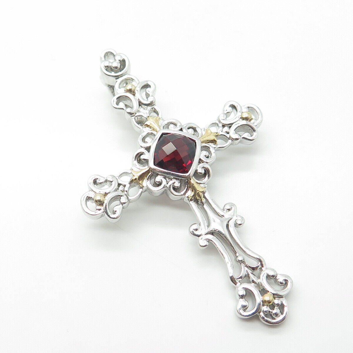 925 Sterling Silver 2-Tone Real Red Garnet Gem Cross Swirl Religious Pendant