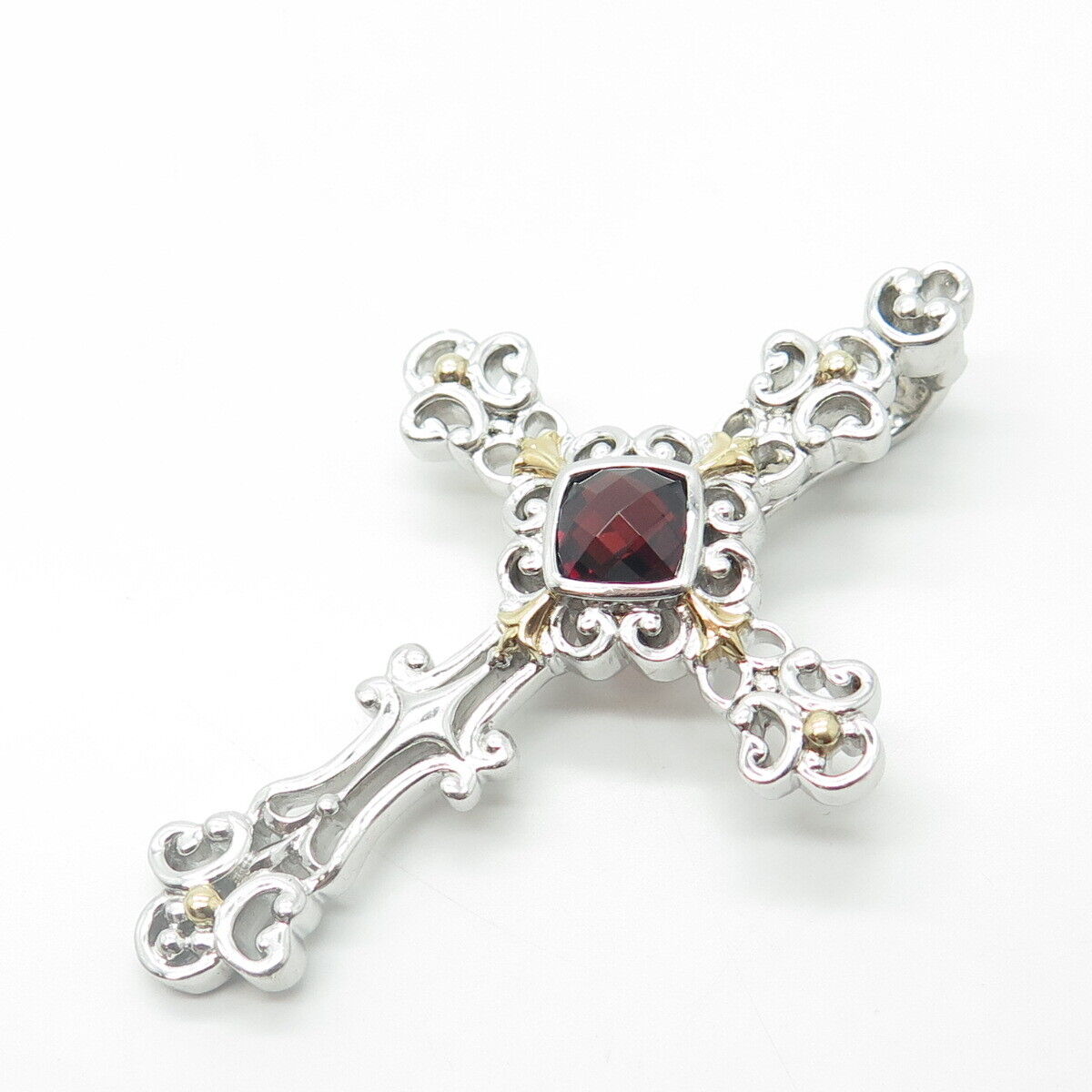 925 Sterling Silver 2-Tone Real Red Garnet Gem Cross Swirl Religious Pendant