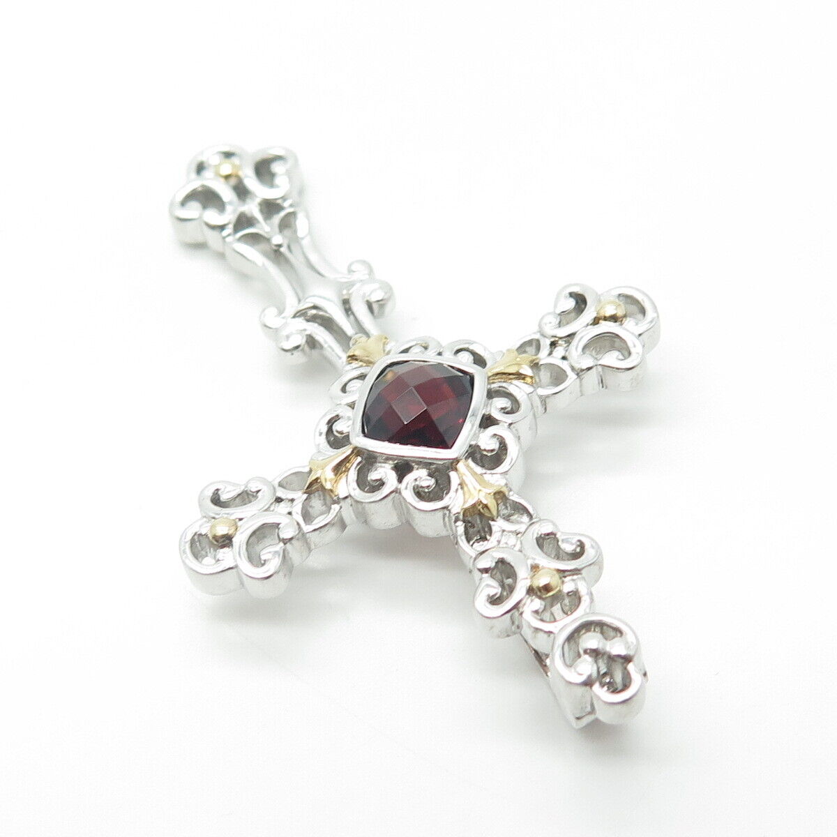 925 Sterling Silver 2-Tone Real Red Garnet Gem Cross Swirl Religious Pendant