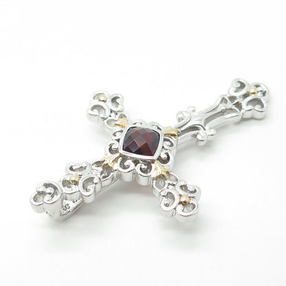 925 Sterling Silver 2-Tone Real Red Garnet Gem Cross Swirl Religious Pendant