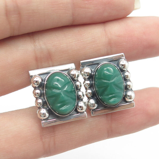 925 Sterling Silver Vintage Mexico Agate Warrior Face Ball Bead Jacket Earrings