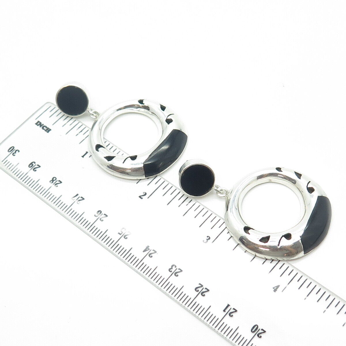 950 Silver Vintage Real Black Onyx Gemstone Tribal Dangling Earrings