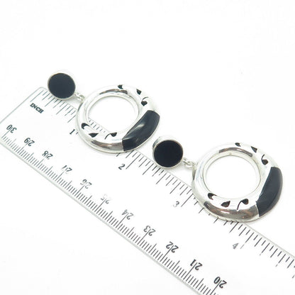 950 Silver Vintage Real Black Onyx Gemstone Tribal Dangling Earrings