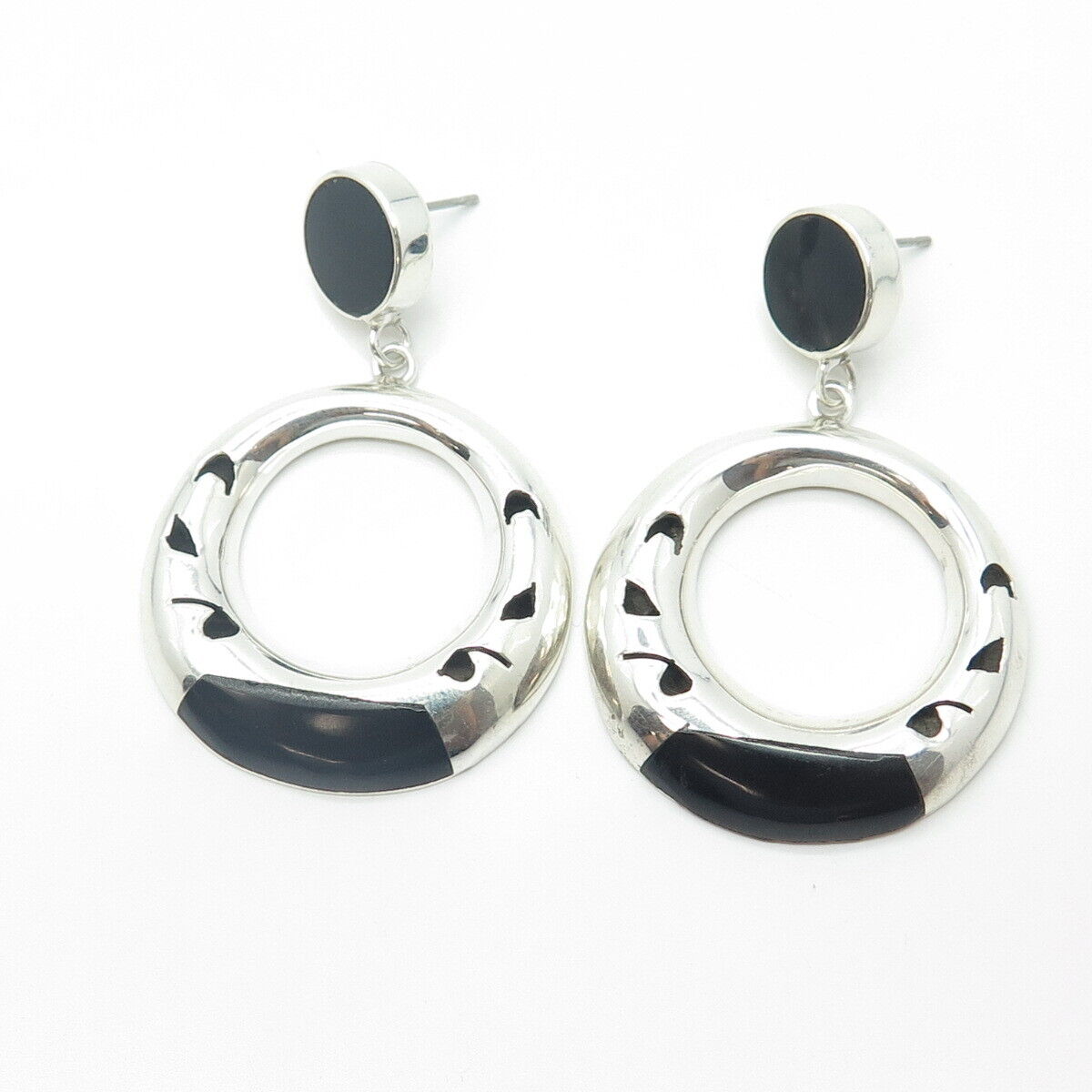 950 Silver Vintage Real Black Onyx Gemstone Tribal Dangling Earrings