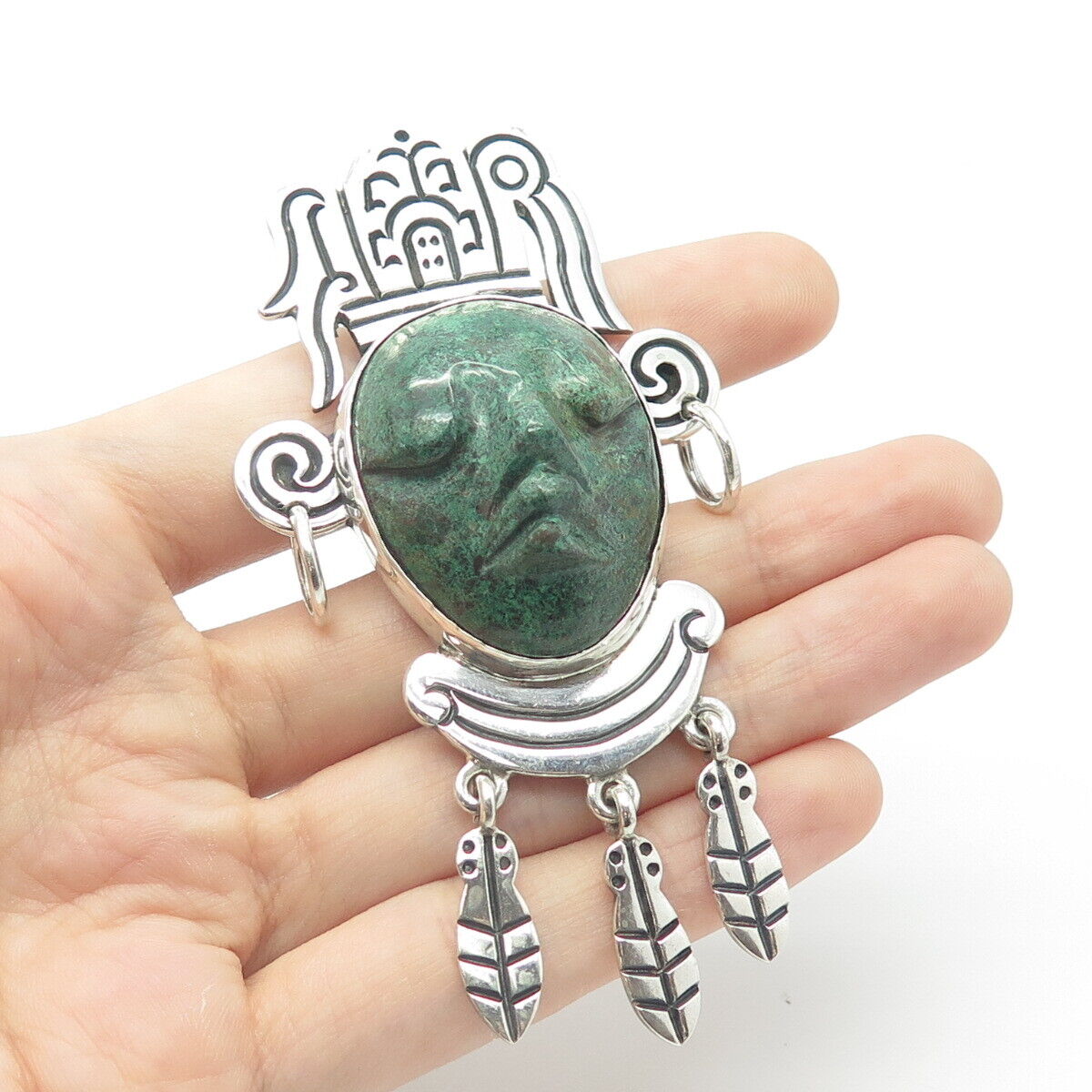 925 Sterling Silver Vintage Mexico Real Chrysocolla Gem Tribal Face Totem Brooch