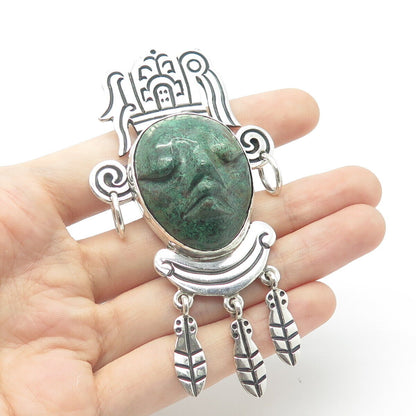 925 Sterling Silver Vintage Mexico Real Chrysocolla Gem Tribal Face Totem Brooch