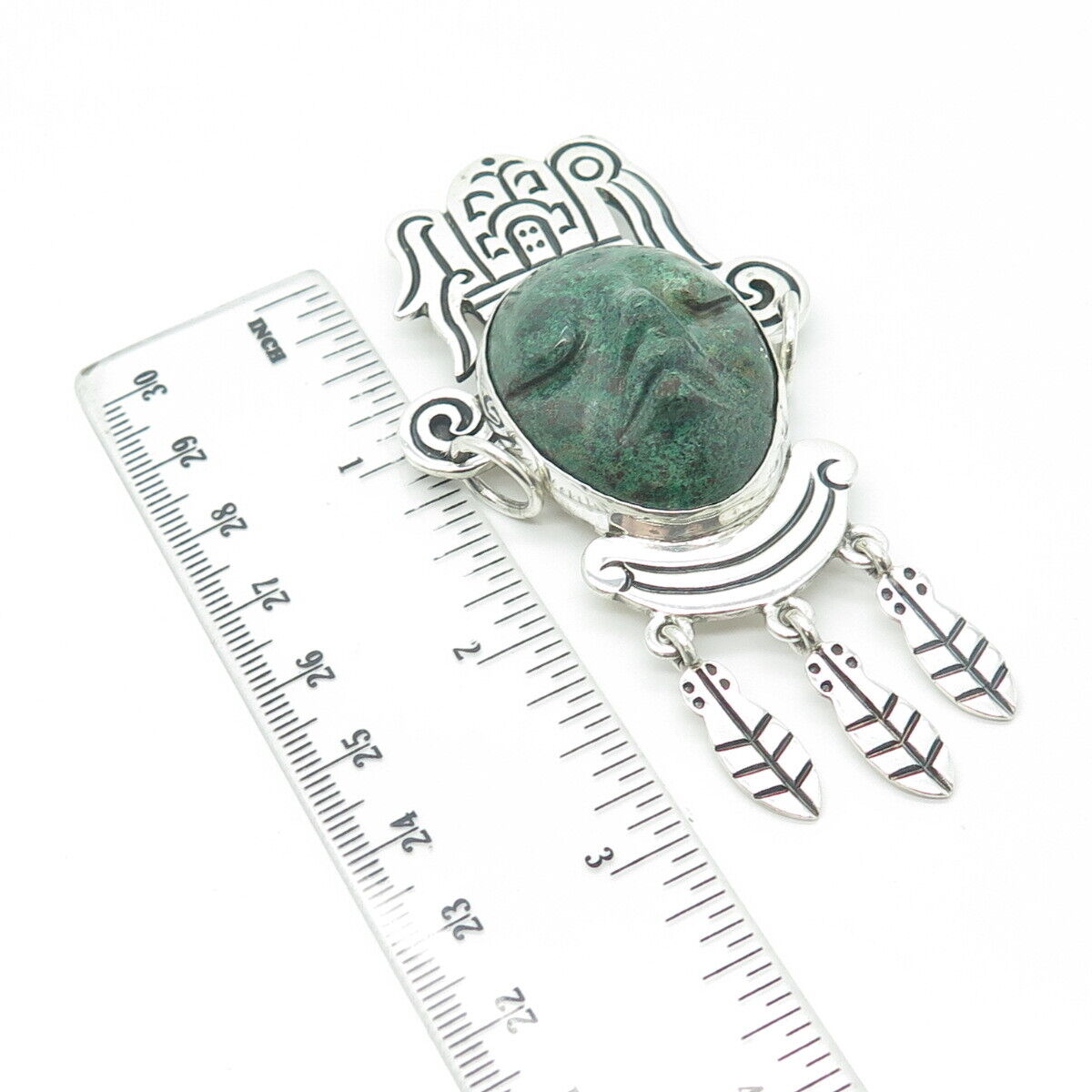 925 Sterling Silver Vintage Mexico Real Chrysocolla Gem Tribal Face Totem Brooch