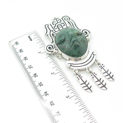 925 Sterling Silver Vintage Mexico Real Chrysocolla Gem Tribal Face Totem Brooch