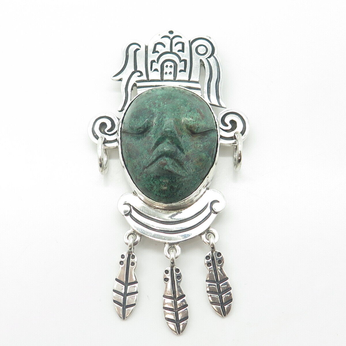 925 Sterling Silver Vintage Mexico Real Chrysocolla Gem Tribal Face Totem Brooch