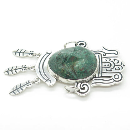 925 Sterling Silver Vintage Mexico Real Chrysocolla Gem Tribal Face Totem Brooch