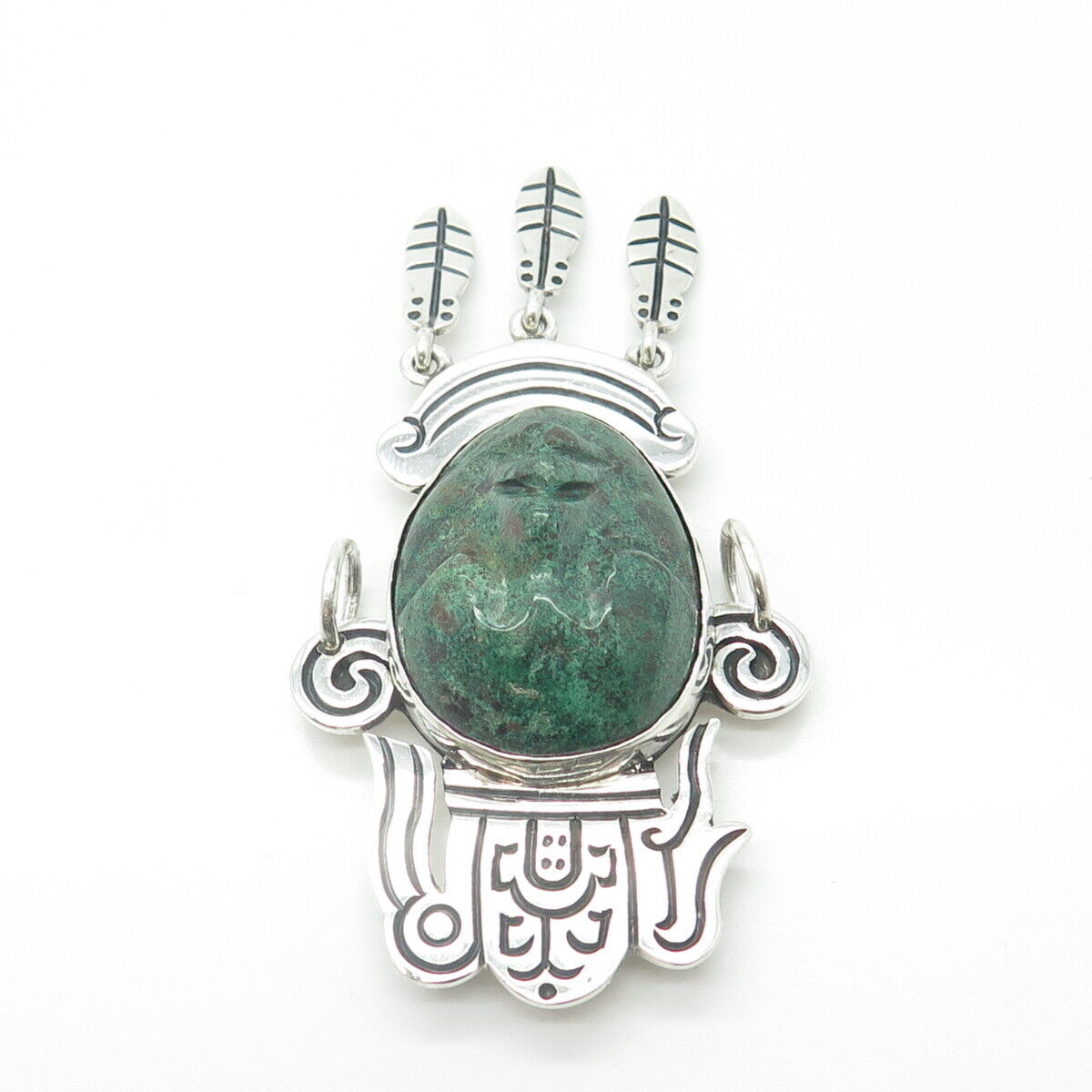 925 Sterling Silver Vintage Mexico Real Chrysocolla Gem Tribal Face Totem Brooch