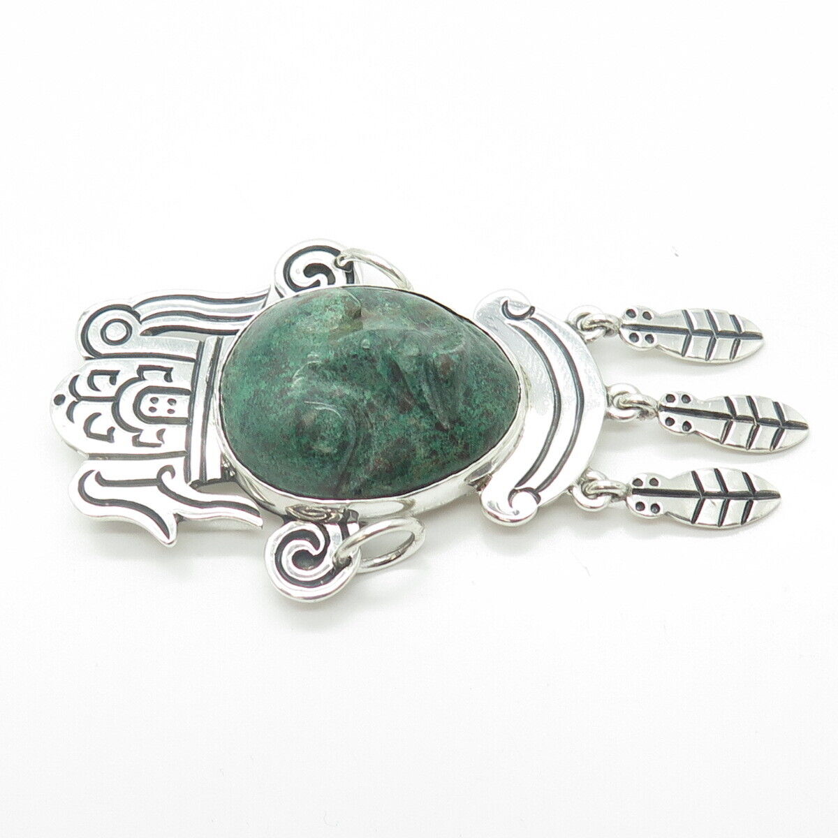 925 Sterling Silver Vintage Mexico Real Chrysocolla Gem Tribal Face Totem Brooch