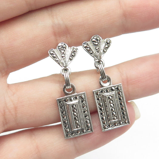 925 Sterling Silver Antique Art Deco Real Marcasite Floral Rectangle Earrings