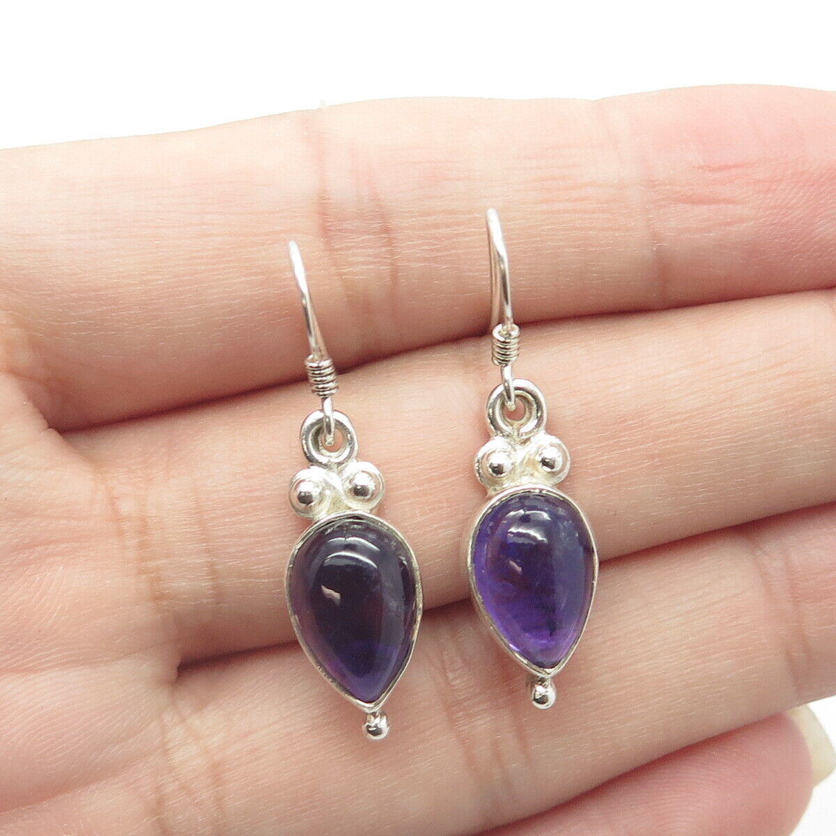 925 Sterling Silver Vintage Real Cabochon Amethyst Gem Drop Earrings