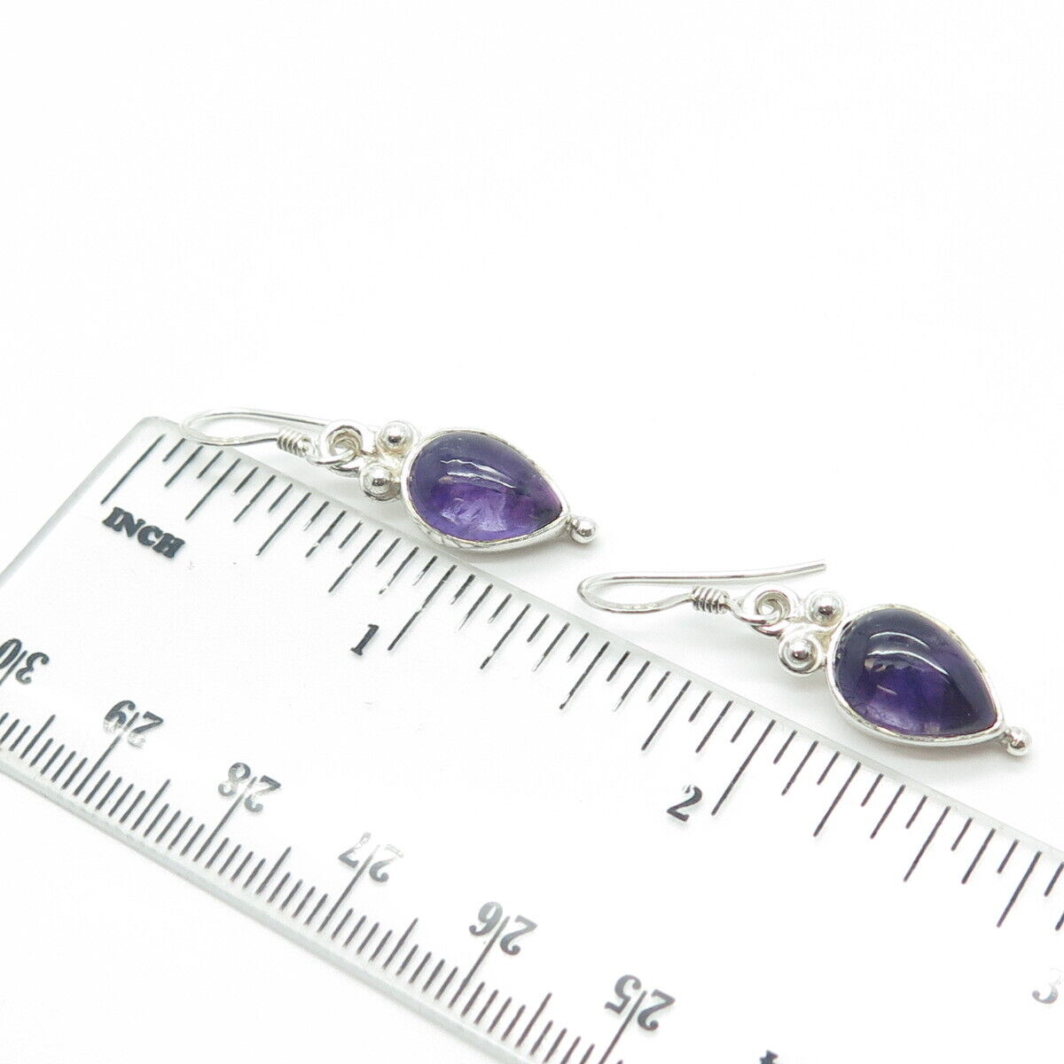 925 Sterling Silver Vintage Real Cabochon Amethyst Gem Drop Earrings