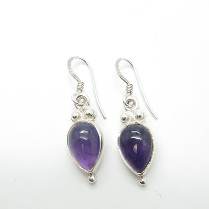 925 Sterling Silver Vintage Real Cabochon Amethyst Gem Drop Earrings