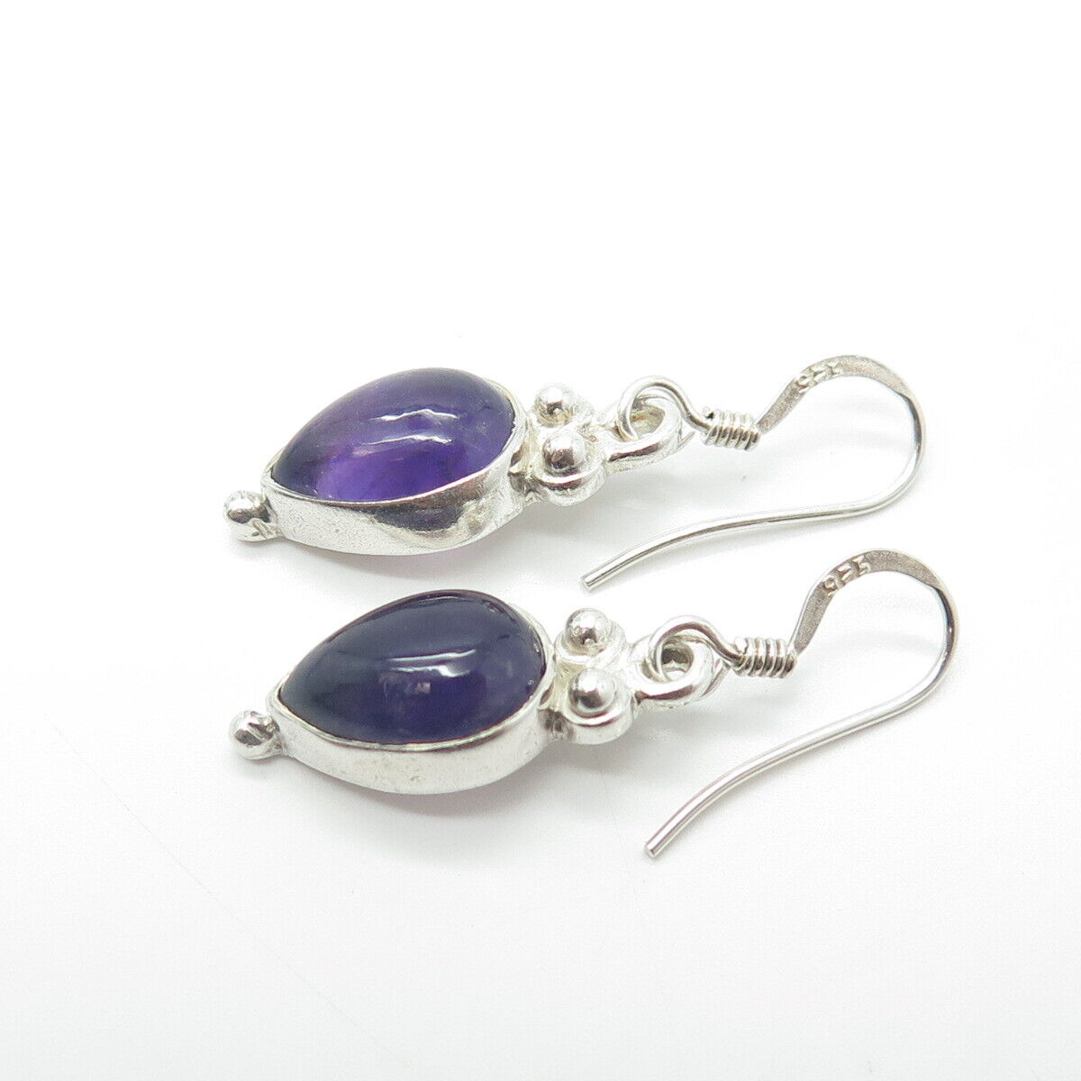 925 Sterling Silver Vintage Real Cabochon Amethyst Gem Drop Earrings