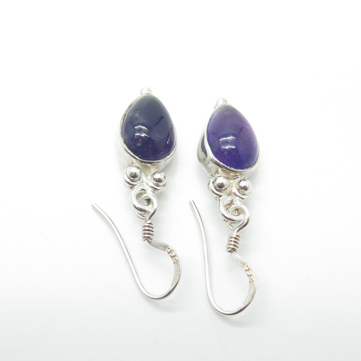 925 Sterling Silver Vintage Real Cabochon Amethyst Gem Drop Earrings