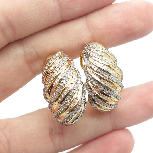 925 Sterling Silver Gold Plated SUN Real Diamond Wavy Omega Back Earrings