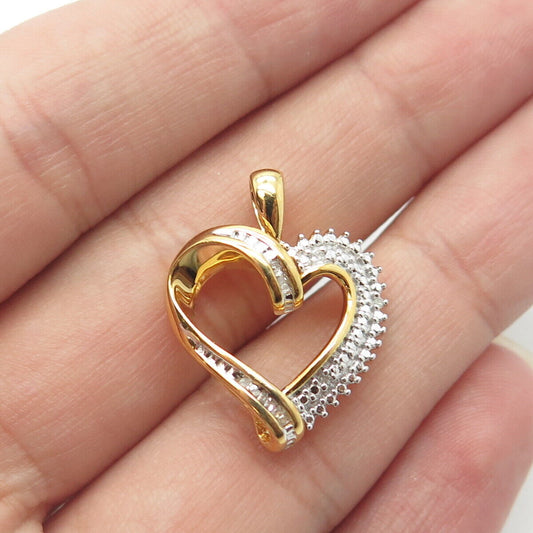 SUN 925 Sterling Silver Gold Plated Real White Diamond Open Heart Pendant