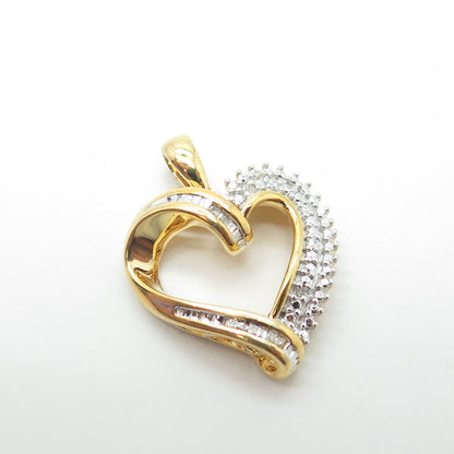 SUN 925 Sterling Silver Gold Plated Real White Diamond Open Heart Pendant