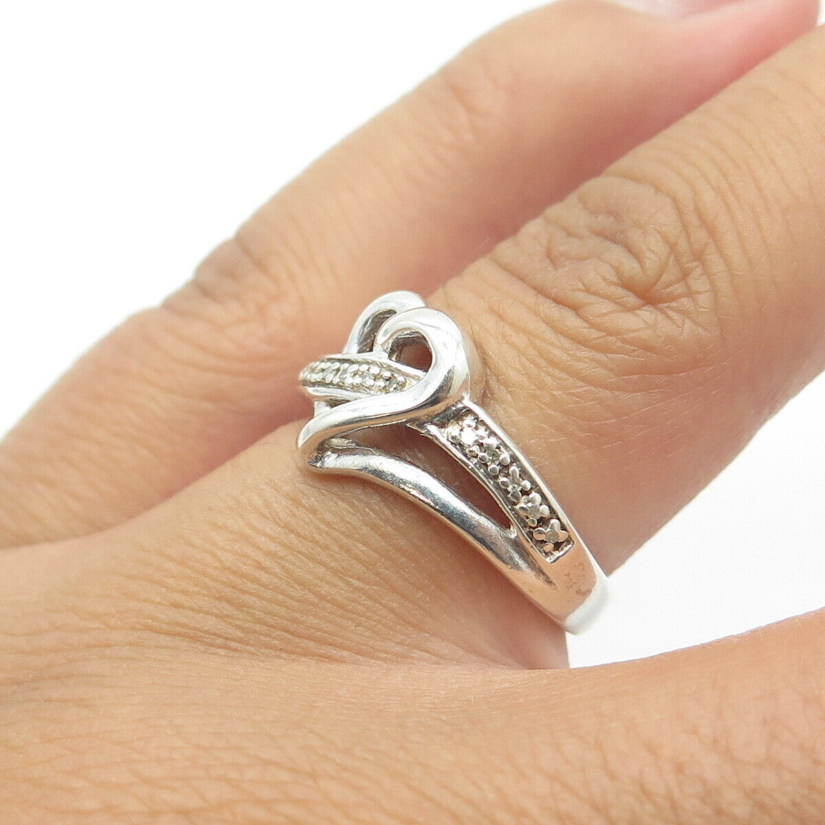 925 Sterling Silver Real White Diamond Open Heart Swirl Cocktail Ring Size 7