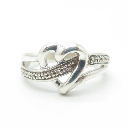 925 Sterling Silver Real White Diamond Open Heart Swirl Cocktail Ring Size 7