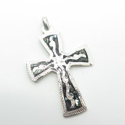 925 Sterling Silver Vintage Mexico Real Abalone Shell & Enamel Cross Pendant