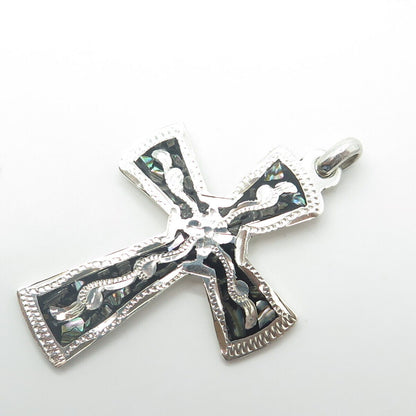 925 Sterling Silver Vintage Mexico Real Abalone Shell & Enamel Cross Pendant