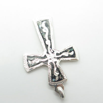 925 Sterling Silver Vintage Mexico Real Abalone Shell & Enamel Cross Pendant