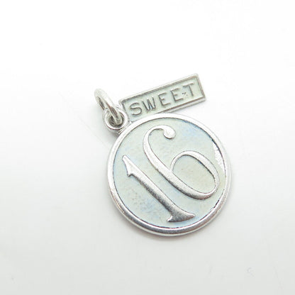 WELLS 925 Sterling Silver Vintage Enamel "Sweet 16" Round Medal Charm Pendant