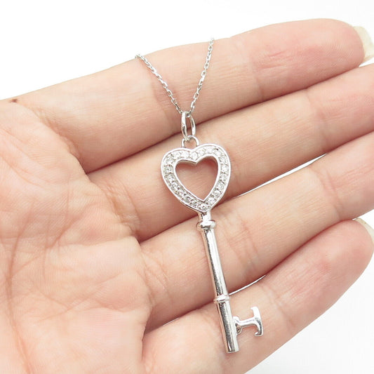 925 Sterling Silver Italy White C Z Heart Key Cable Chain Necklace 18"