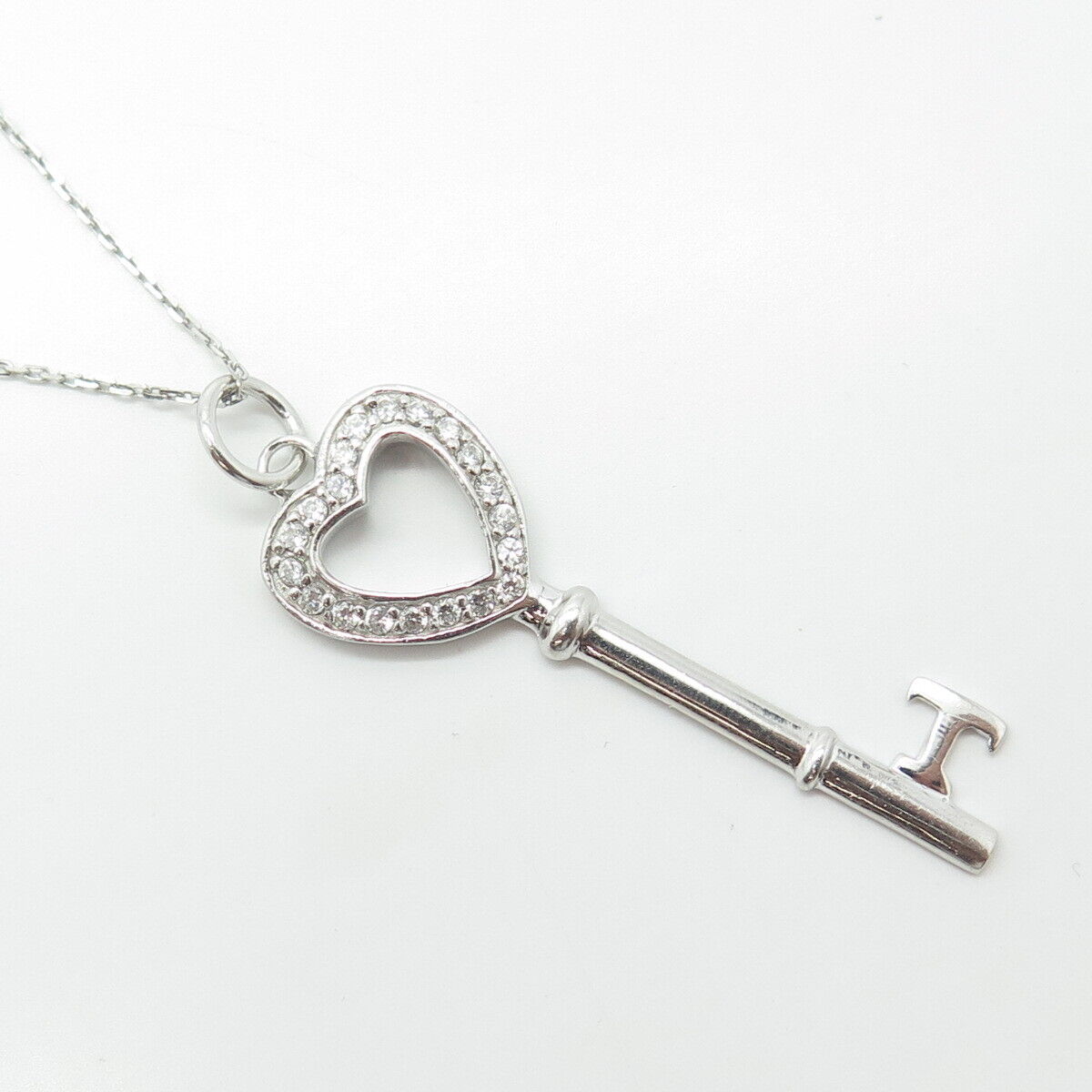 925 Sterling Silver Italy White C Z Heart Key Cable Chain Necklace 18"