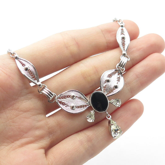 925 Sterling Silver Onyx & Rhinestone Filigree Double Cable Chain Necklace 18"