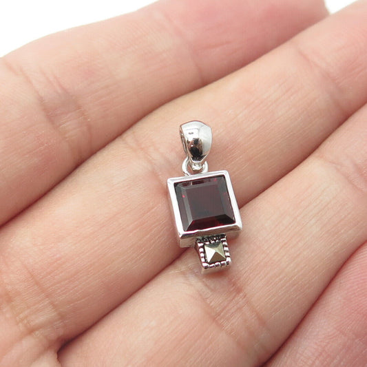 925 Sterling Silver Real Red Garnet & Marcasite Minimalist Charm Pendant