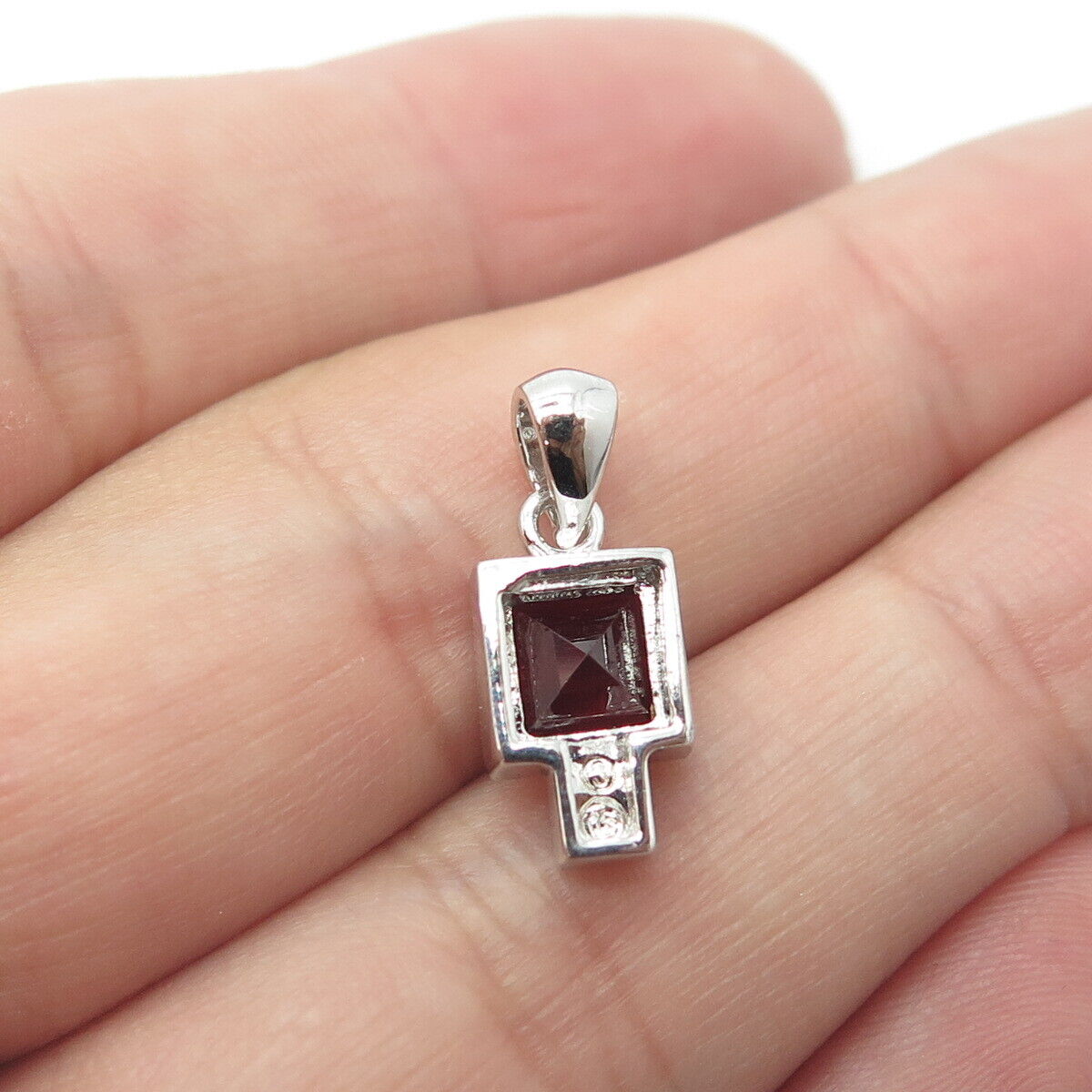 925 Sterling Silver Real Red Garnet & Marcasite Minimalist Charm Pendant