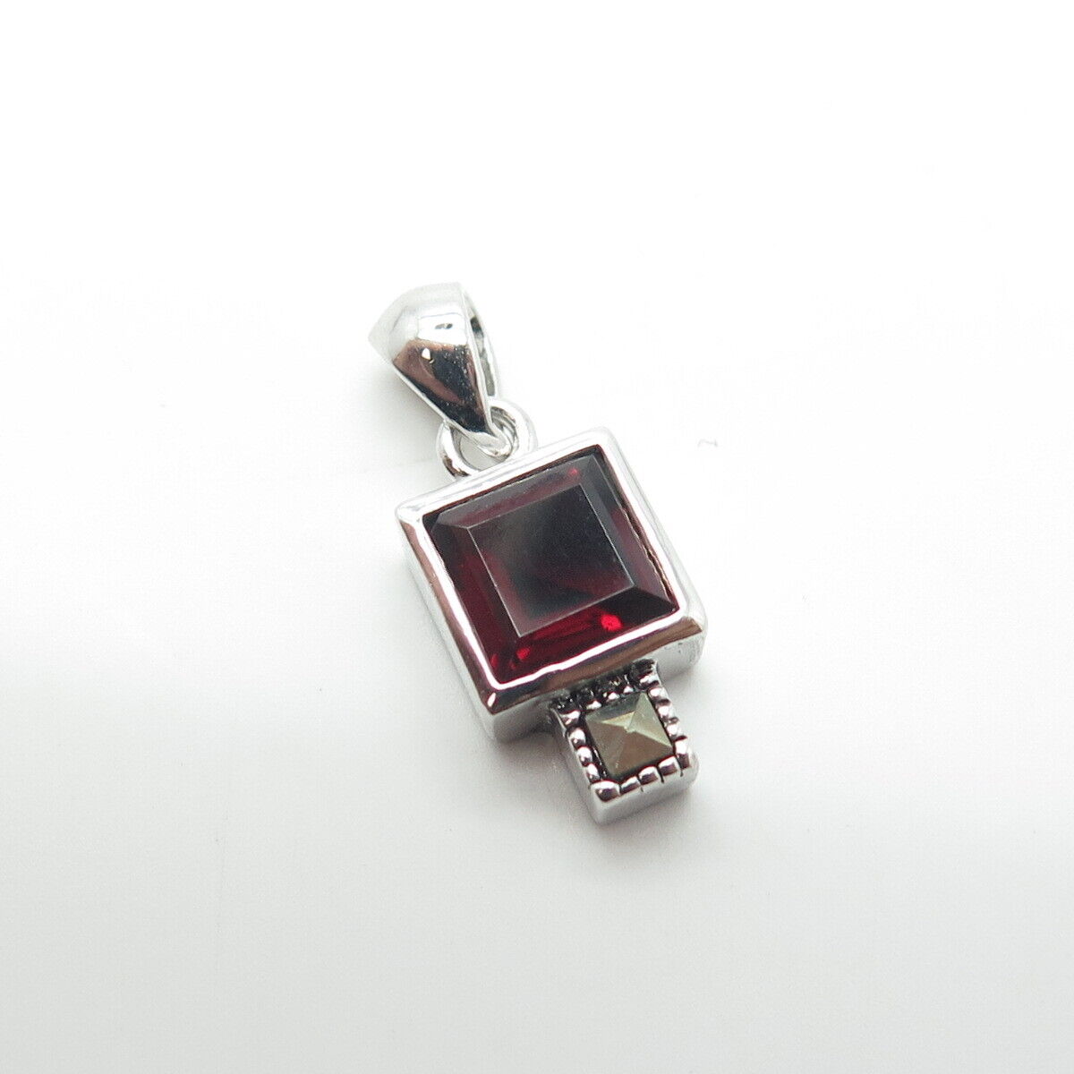 925 Sterling Silver Real Red Garnet & Marcasite Minimalist Charm Pendant