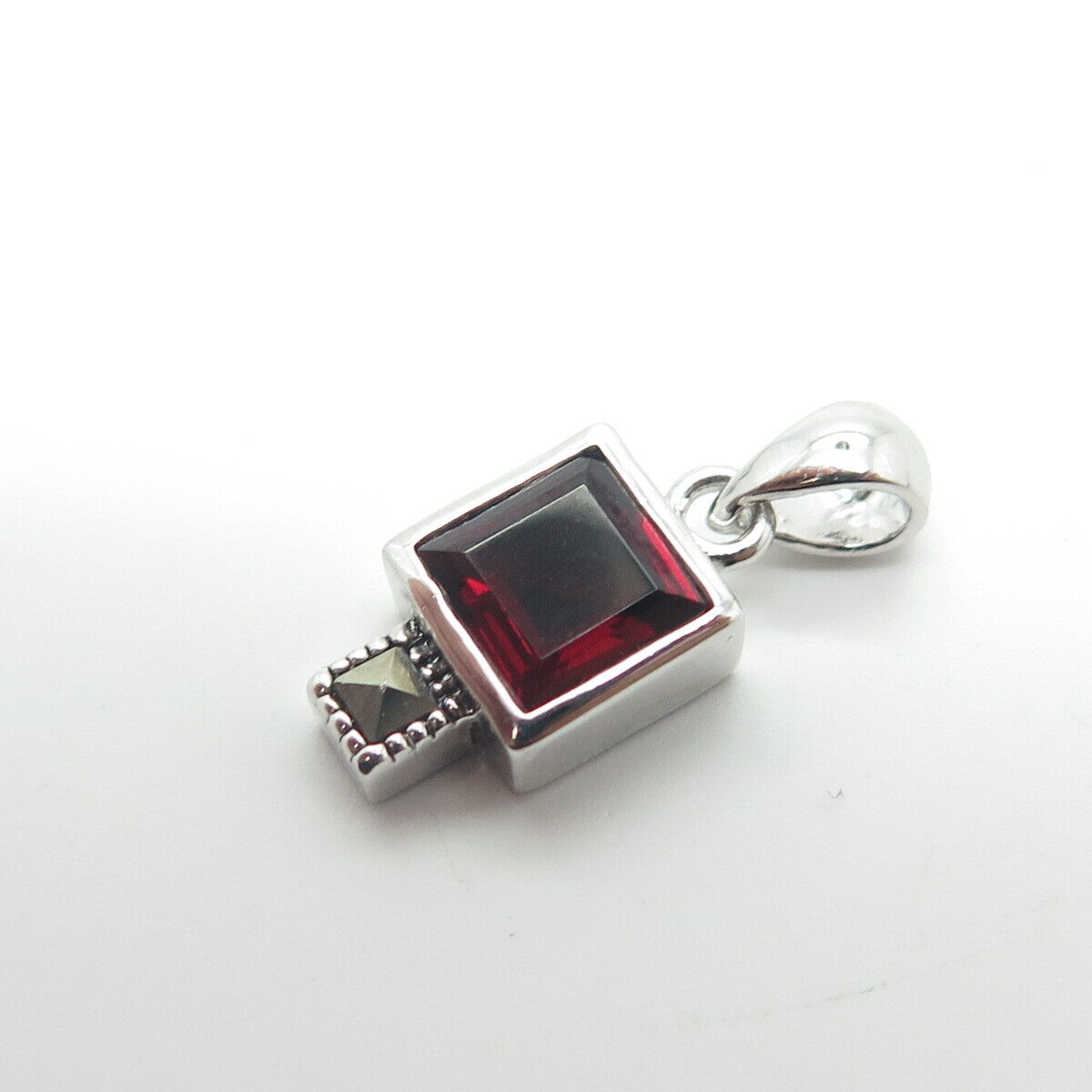 925 Sterling Silver Real Red Garnet & Marcasite Minimalist Charm Pendant