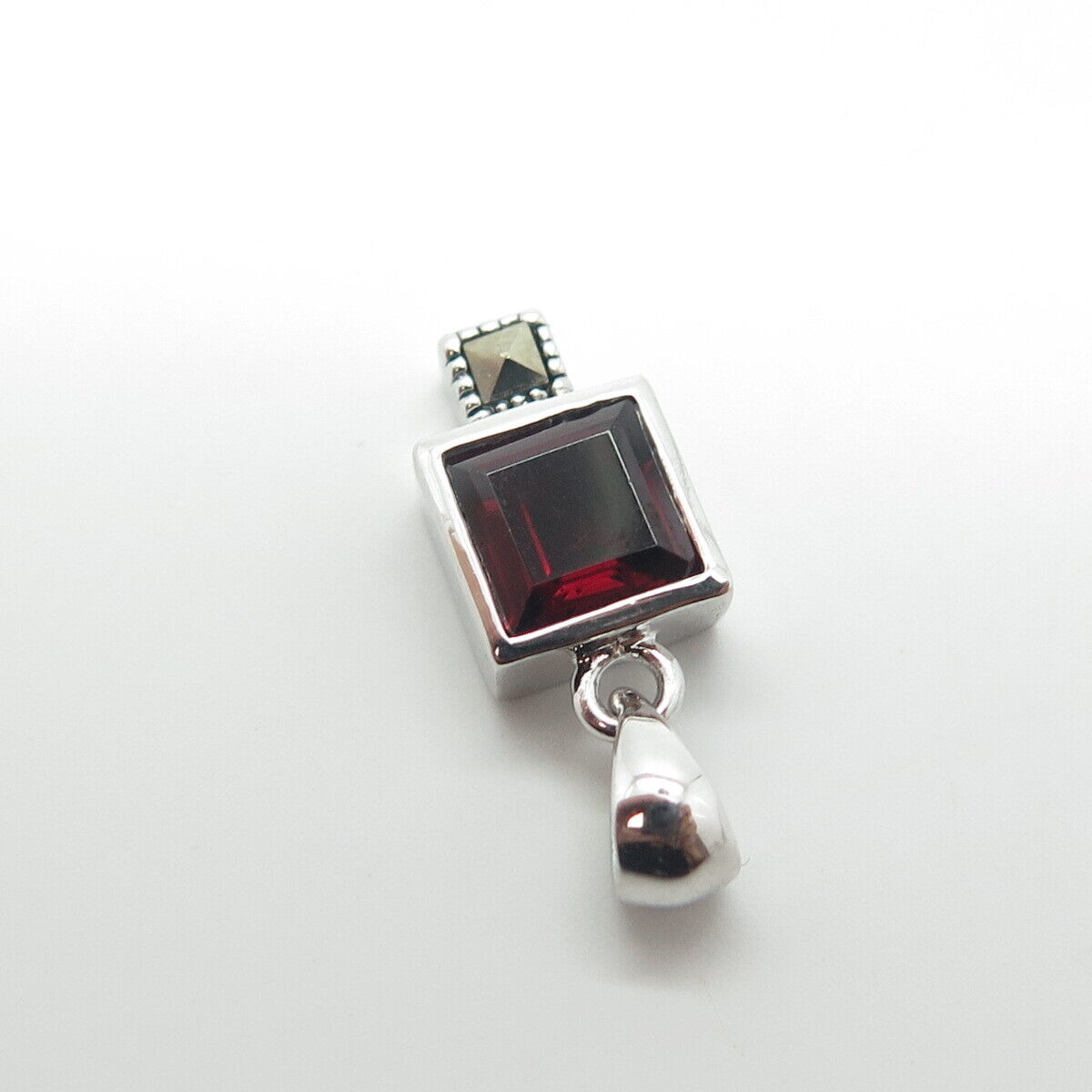 925 Sterling Silver Real Red Garnet & Marcasite Minimalist Charm Pendant