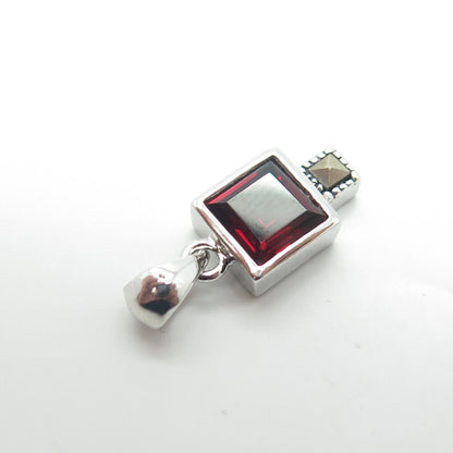 925 Sterling Silver Real Red Garnet & Marcasite Minimalist Charm Pendant