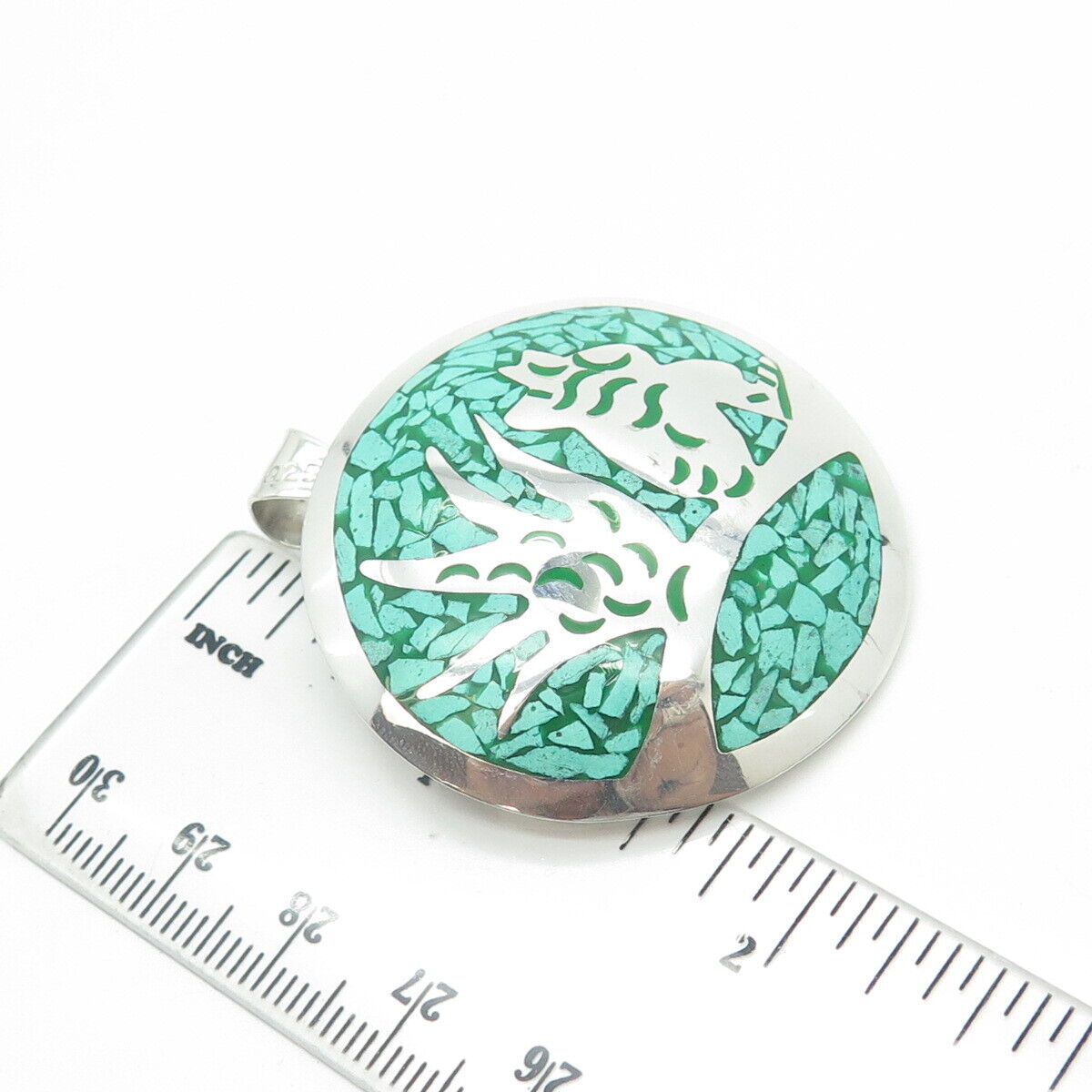 925 Sterling Silver Vintage Mexico Turquoise Inlay Abstraction Round Pin Brooch