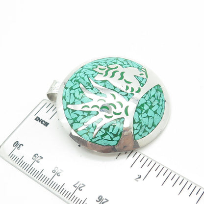 925 Sterling Silver Vintage Mexico Turquoise Inlay Abstraction Round Pin Brooch