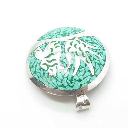 925 Sterling Silver Vintage Mexico Turquoise Inlay Abstraction Round Pin Brooch