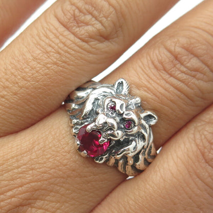 925 Sterling Silver Vintage Lab-Created Pink Sapphire Lion Ring Size 12.5