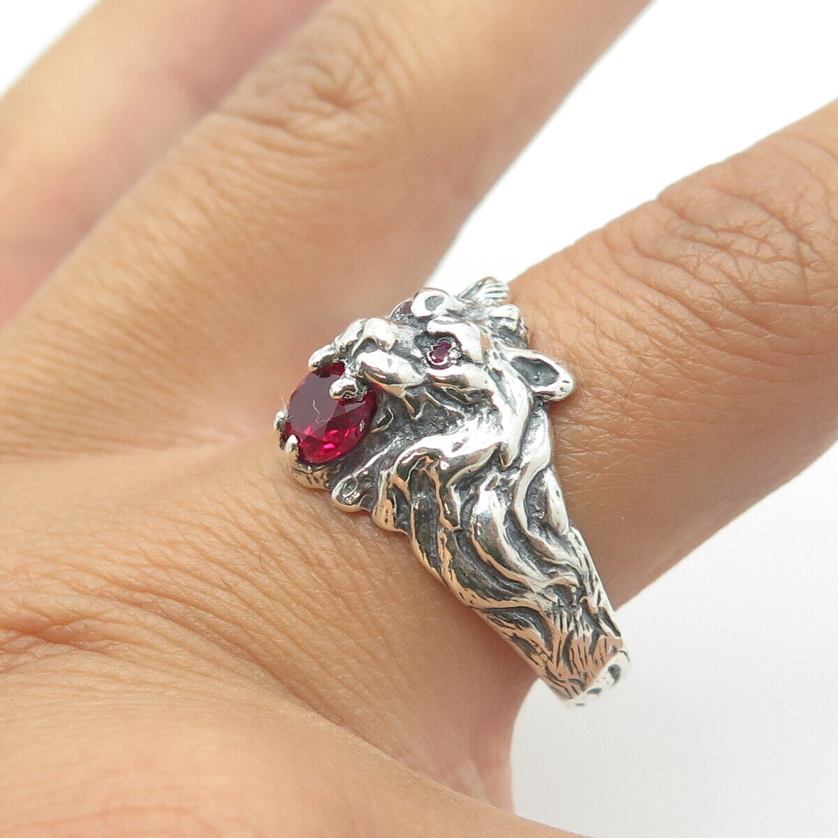 925 Sterling Silver Vintage Lab-Created Pink Sapphire Lion Ring Size 12.5