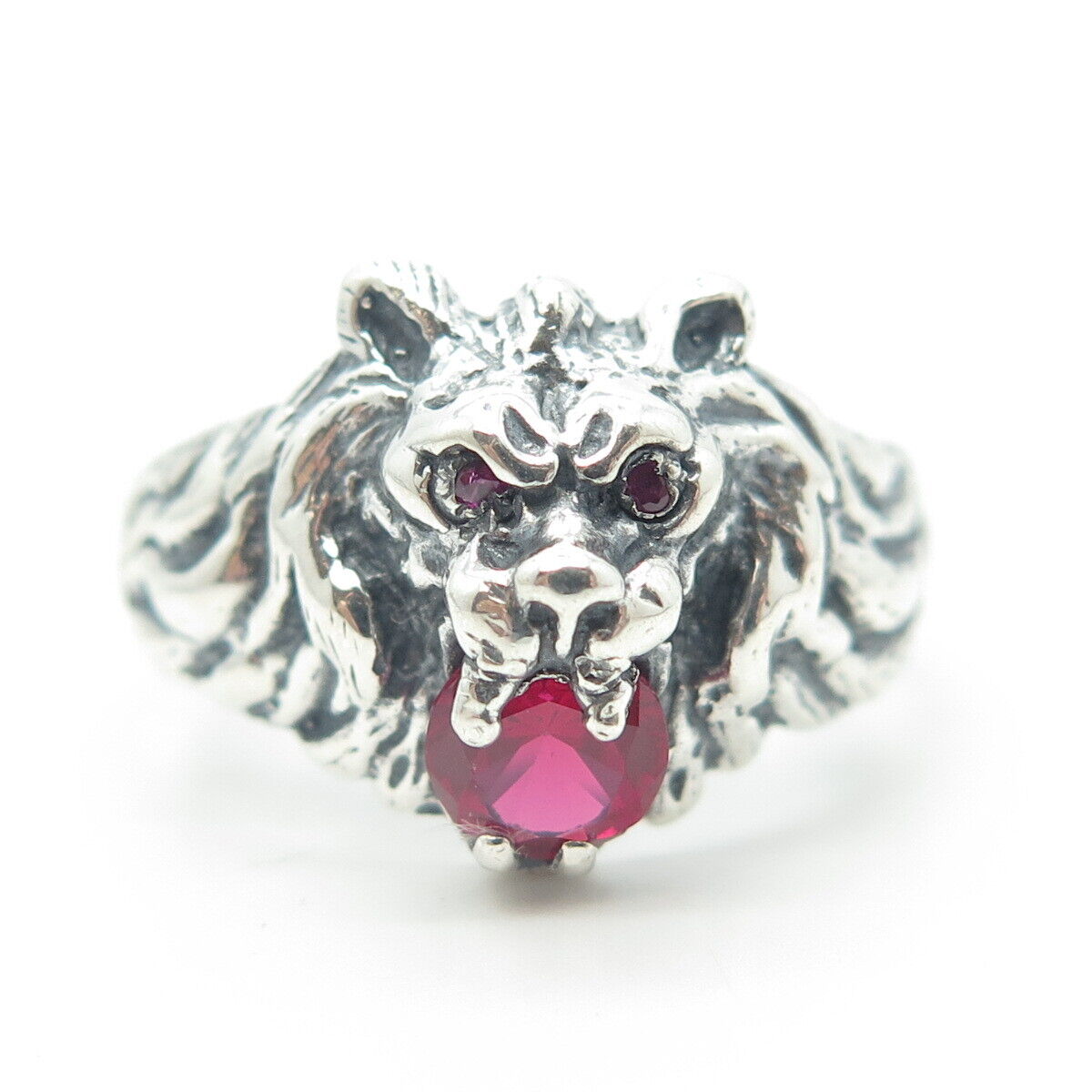 925 Sterling Silver Vintage Lab-Created Pink Sapphire Lion Ring Size 12.5