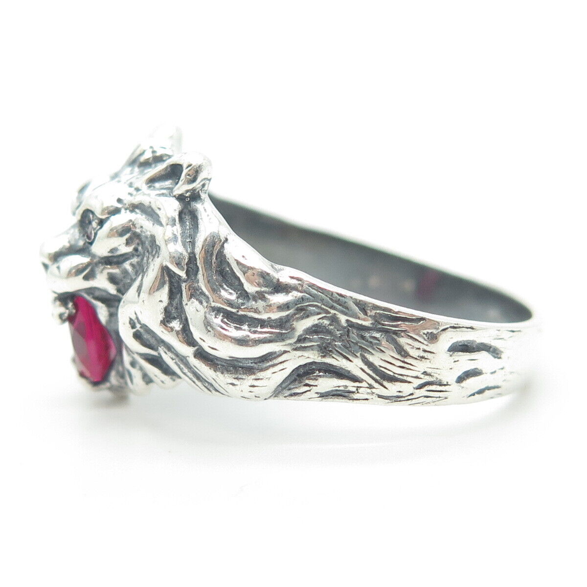 925 Sterling Silver Vintage Lab-Created Pink Sapphire Lion Ring Size 12.5