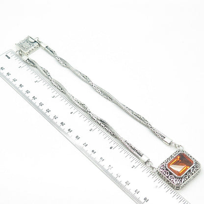 925 Sterling Silver Vintage Real Emerald-Cut Imperial Citrine Chain Necklace 16"