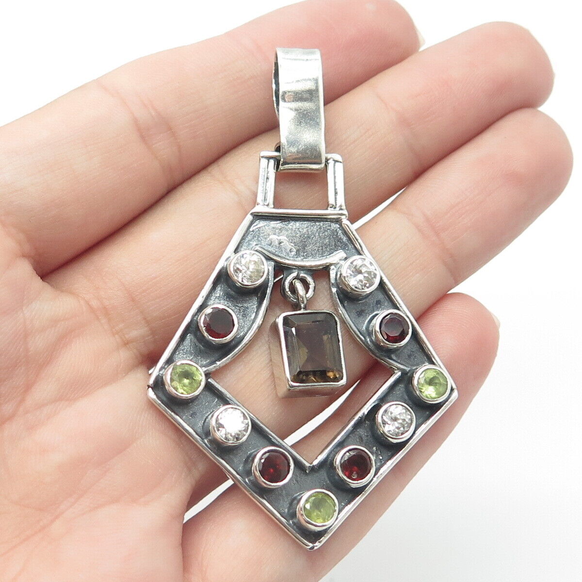 925 Sterling Silver Vintage Smoky Quartz Garnet Peridot & C Z Oxidized Pendant